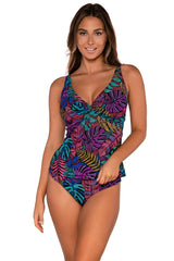 Front view of Sunsets Panama Palms Forever Tankini Top