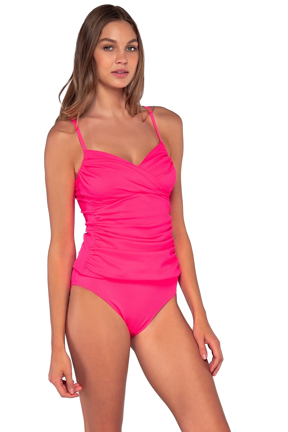 Side view of Sunsets Neon Pink Simone Tankini Top