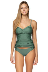 Front view of Sunsets Moss Simone Tankini swim top with Moss Femme Fatale Hipster bikini