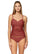 Front view of Sunsets Tuscan Red Simone Tankini swim top with Tuscan Red Femme Fatale Hipster bikini