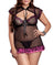 Fuchsia-black sheer babydoll lingerie, plus size, front view