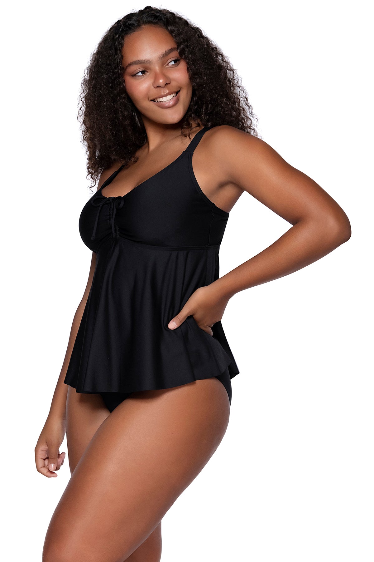 Side view of Sunsets Escape Black Marin Tankini Top