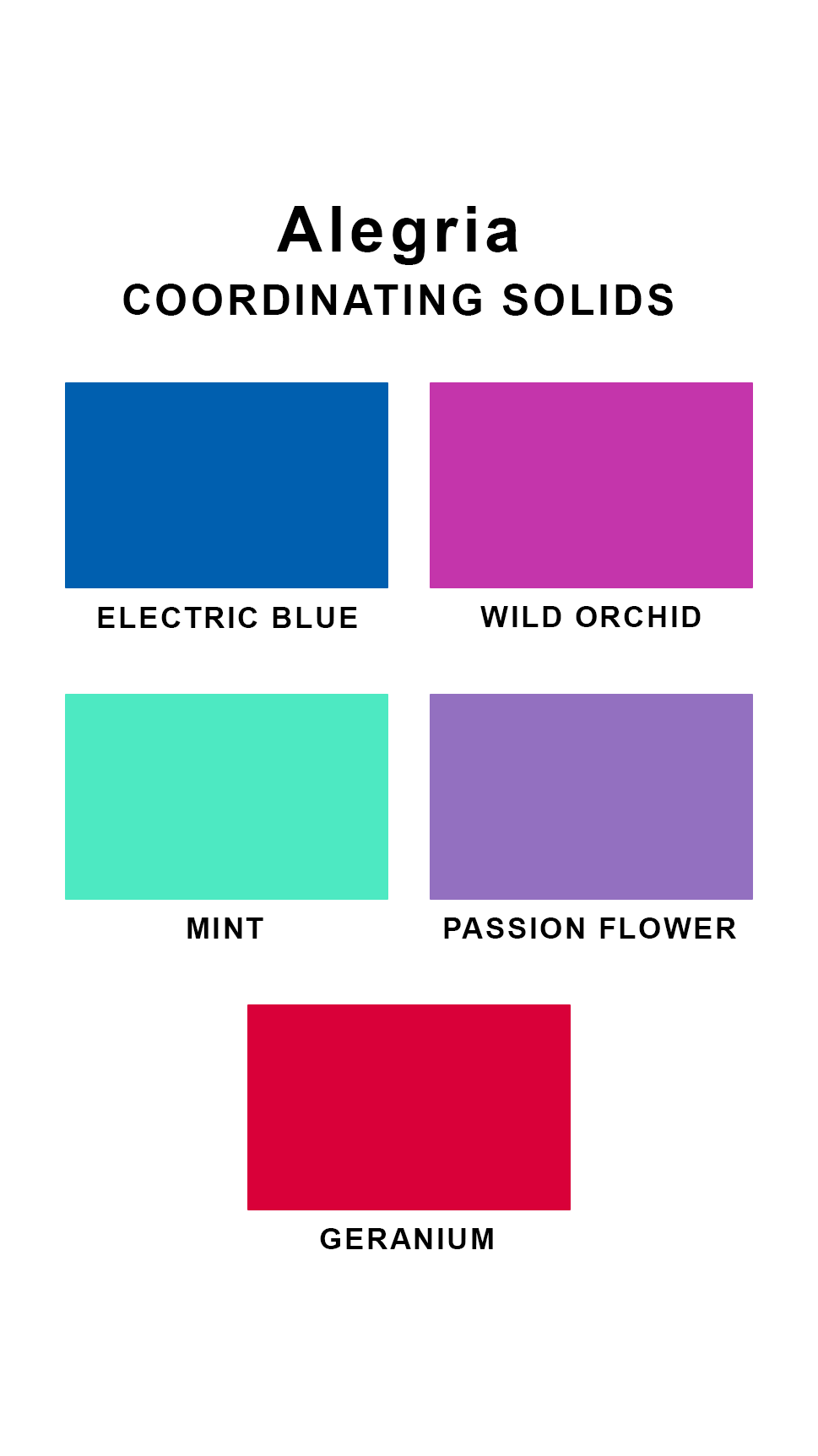 Coordinating solids chart for Sunsets Alegria swimsuit print: Electric Blue, Wild Orchid, Mint, Passion Flower, and Geranium