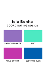 Coordinating solids chart for Sunsets Isla Bonita swimsuit print: Passion Flower, Mint, Wild Orchid, and Electric Blue