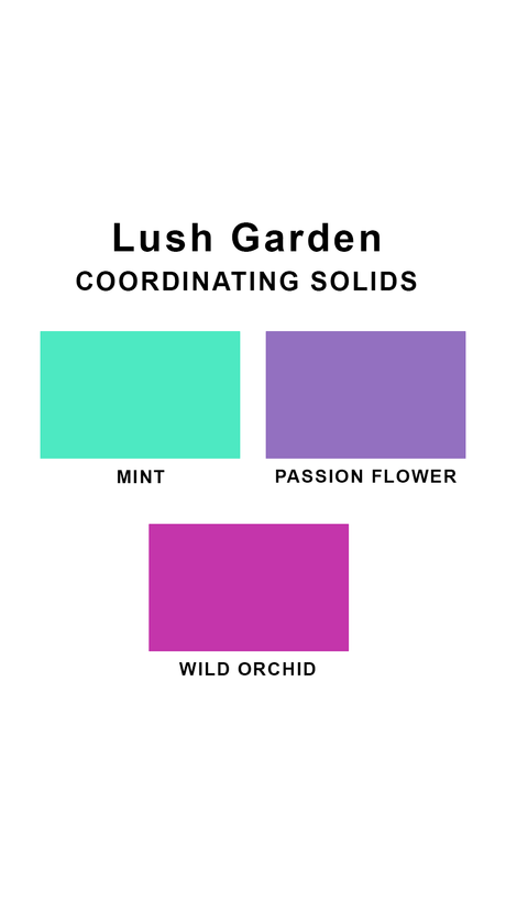 Coordinating solids chart for Sunsets Lush Garden swimsuit print: Mint, Passion Flower, and Wild Orchid