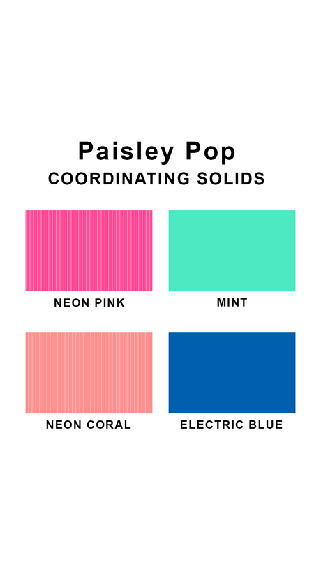 Coordinating solids chart for Sunsets Paisley Pop swimsuit print: Neon Pink, Mint, Neon Coral, and Electric Blue