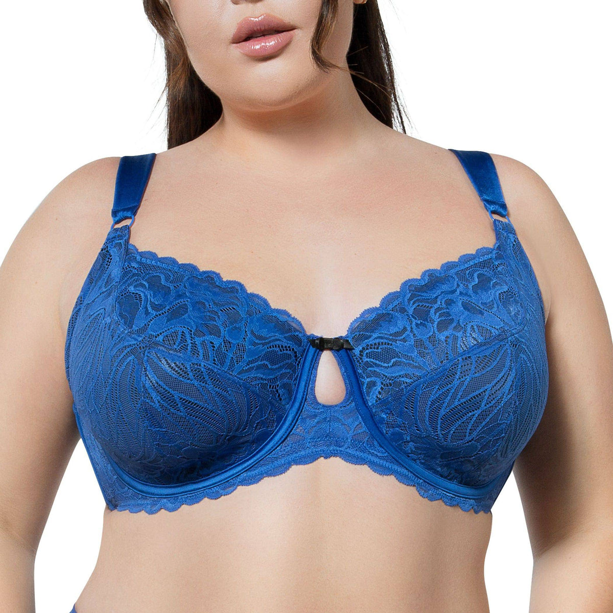 Sapphire Parfait Charlotte full bust unlined lace underwire bra on model, front view
