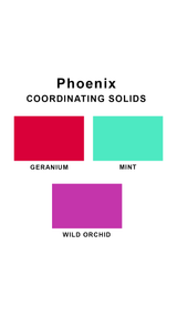 Coordinating solids chart for Sunsets Phoenix swimsuit print: Geranium, Mint, and Wild Orchid