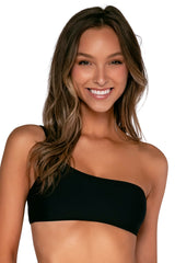 Front view of Swim Systems Black Reese One Shoulder Top