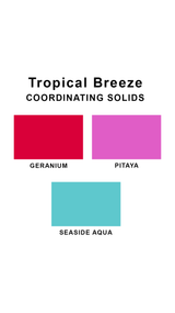 Coordinating solids chart for Sunsets Tropical Breeze swimsuit print: Geranium, Pitaya, and Seaside Aqua