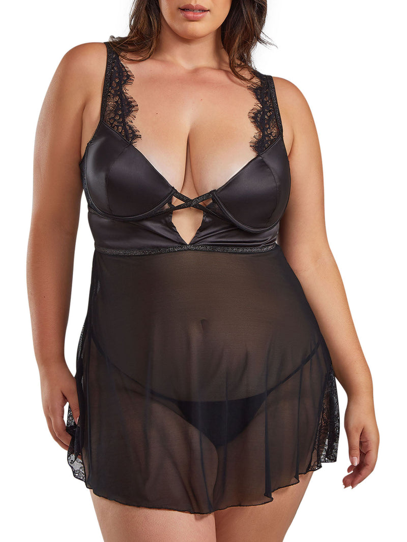 iCollection Babydoll Lingerie Plus Size Plus Satin Babydoll G-String
