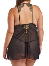 iCollection Babydoll Lingerie Plus Size Plus Size Plunging Lace Mesh Babydoll Lingerie Set