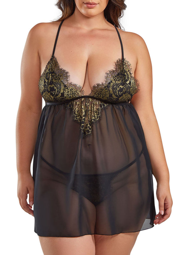 iCollection Babydoll Lingerie Plus Size Plus Size Plunging Lace Mesh Babydoll Lingerie Set