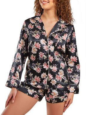 Multi-black floral print satin long sleeve pajama set