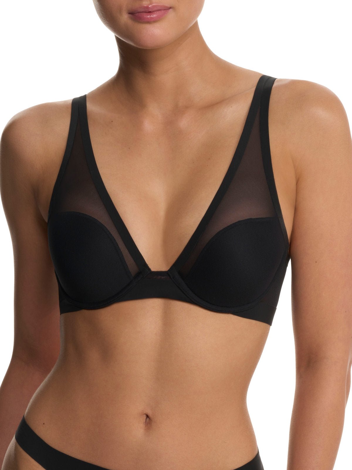 Black Natori True Zen sheer mesh plunge t-shirt bra 721343, front view