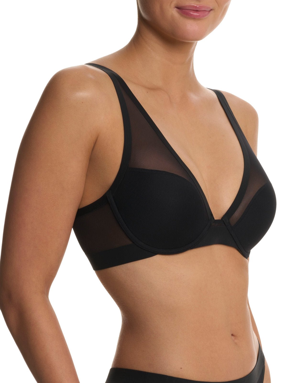 Black Natori True Zen sheer mesh plunge t-shirt bra 721343, view 3