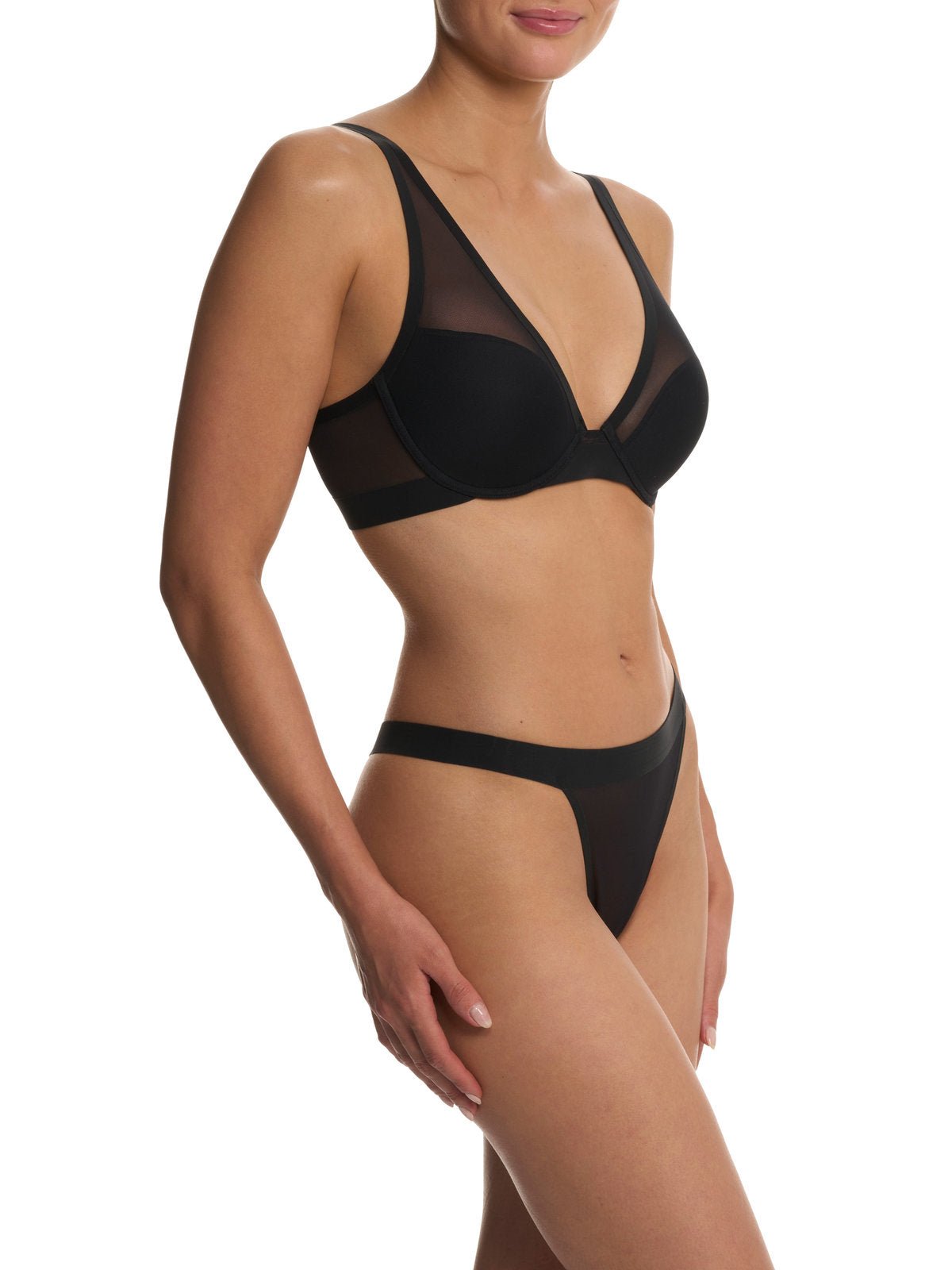 Black Natori True Zen sheer mesh plunge t-shirt bra 721343, view 4