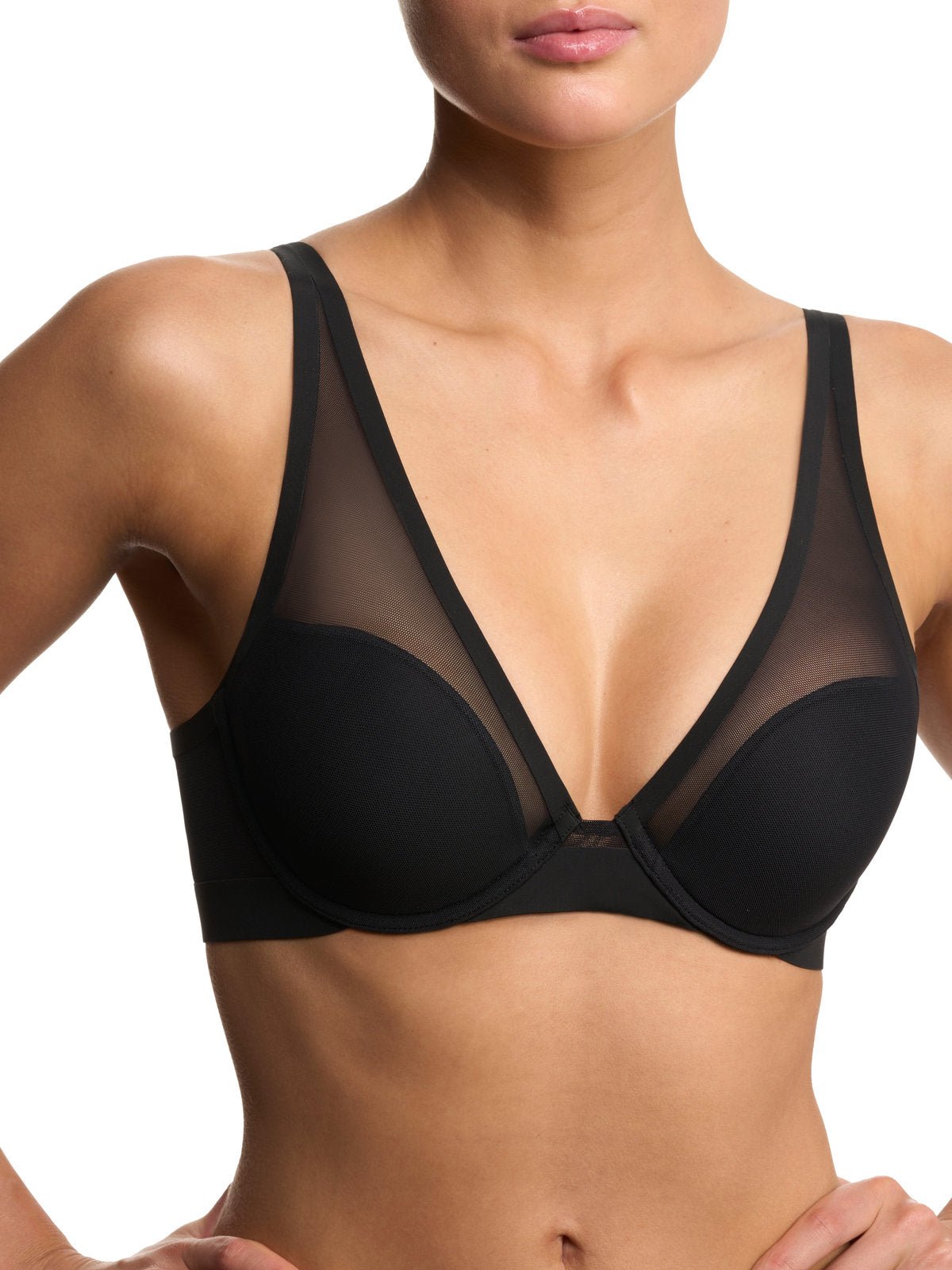 Black Natori True Zen sheer mesh plunge t-shirt bra 721343, view 7