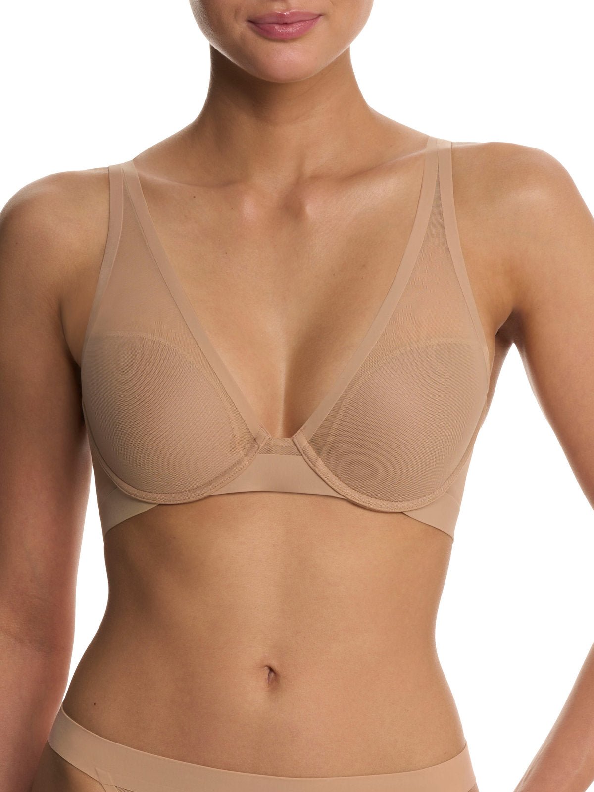 Buff Natori True Zen sheer mesh plunge t-shirt bra 721343, front view