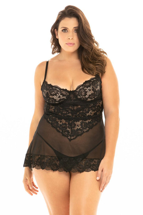 Oh La La Cheri Babydoll Lingerie Plus Size Black / 1X Curvy Page Lace Babydoll