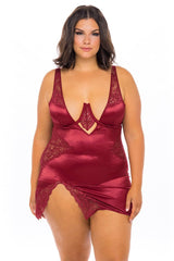 Oh La La Cheri Plus Size Babydoll Rhubarb / 1X Curvy Allegra Satin and Lace Babydoll Dress