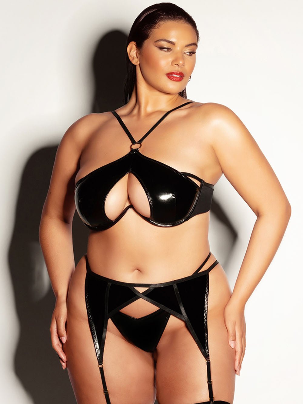 Oh La La Cheri Plus Size Bra Set Black / 1X/2X Fetish Curvy Fantasy 3 Piece Bra Set