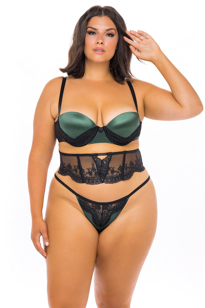 Oh La La Cheri Plus Size Bra Set Dark Green/Black / 1X Curvy Paulette Lace 3 Piece Bra Set