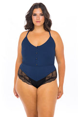 Oh La La Cheri Plus Size Lounge Estate Blue/Black / 1X/2X Curvy Claribel Lace Jersey Romper