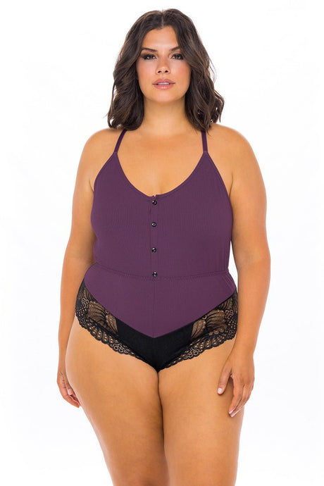 Oh La La Cheri Plus Size Lounge Italian Plum / 1X/2X Curvy Claribel Lace Jersey Romper