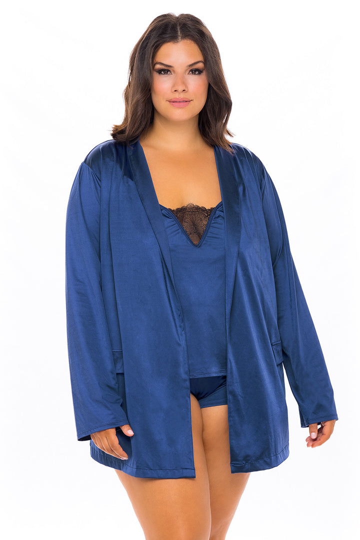Oh La La Cheri Plus Size Robes Estate Blue/Black / 1X/2X Curvy Saskia Satin and Lace Shortie Robe
