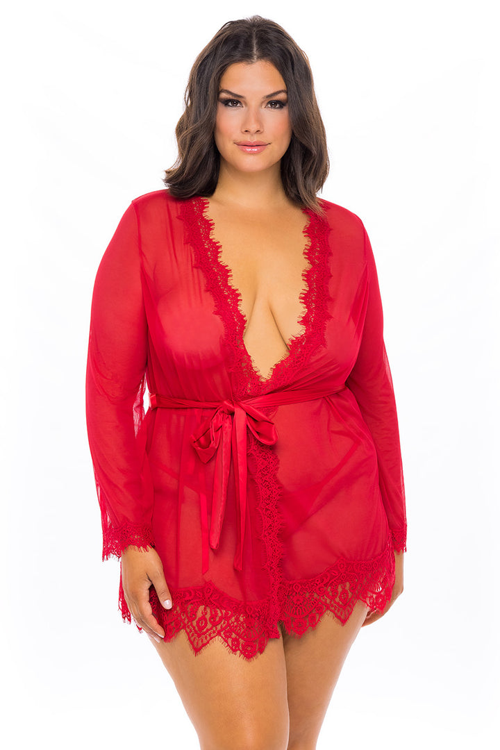Oh La La Cheri Plus Size Robes Red / 1X/2X Curvy Provence Sheer Shortie Robe
