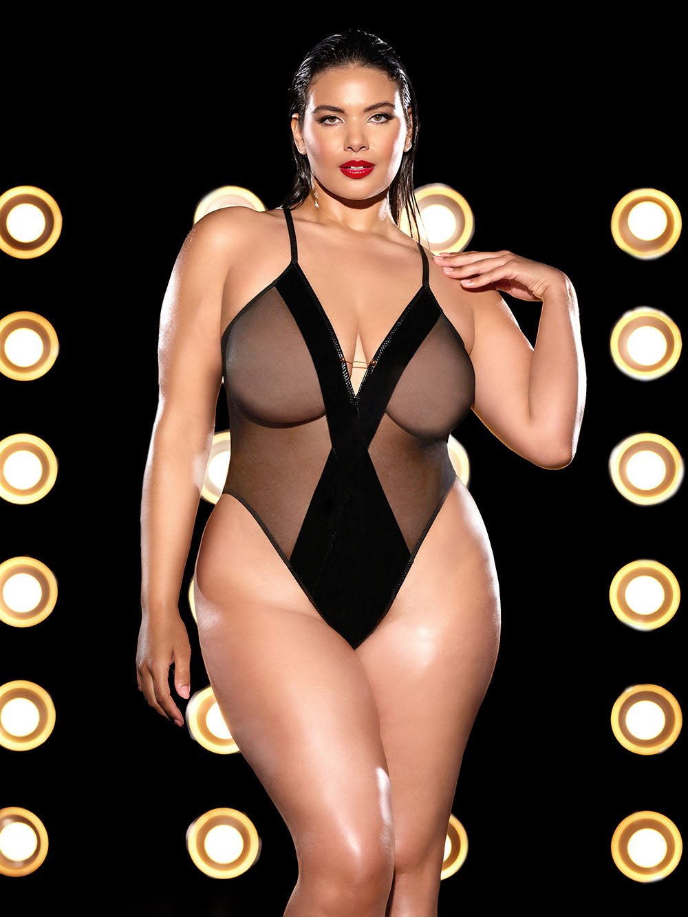 Oh La La Cheri Plus Size Teddy Black / 1X/2X Fetish Curvy Finesse Sheer Teddy