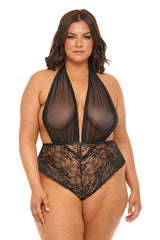 Oh La La Cheri Plus Size Teddy Black / QU Curvy Aria Sheer Plunge Halter Teddy