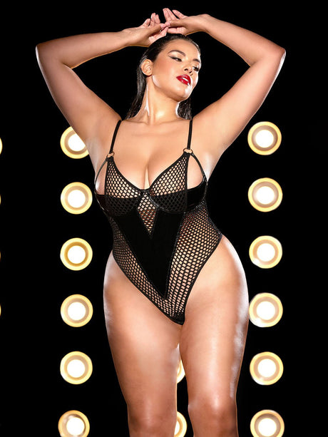 Oh La La Cheri Plus Size Teddy Fetish Curvy Frisky Fishnet Peek-A-Boo Teddy