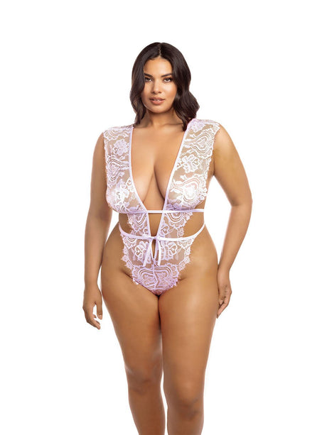 Oh La La Cheri Plus Size Teddy Pink Tulle / 1X/2X Curvy Imani Eyelash Lace Teddy