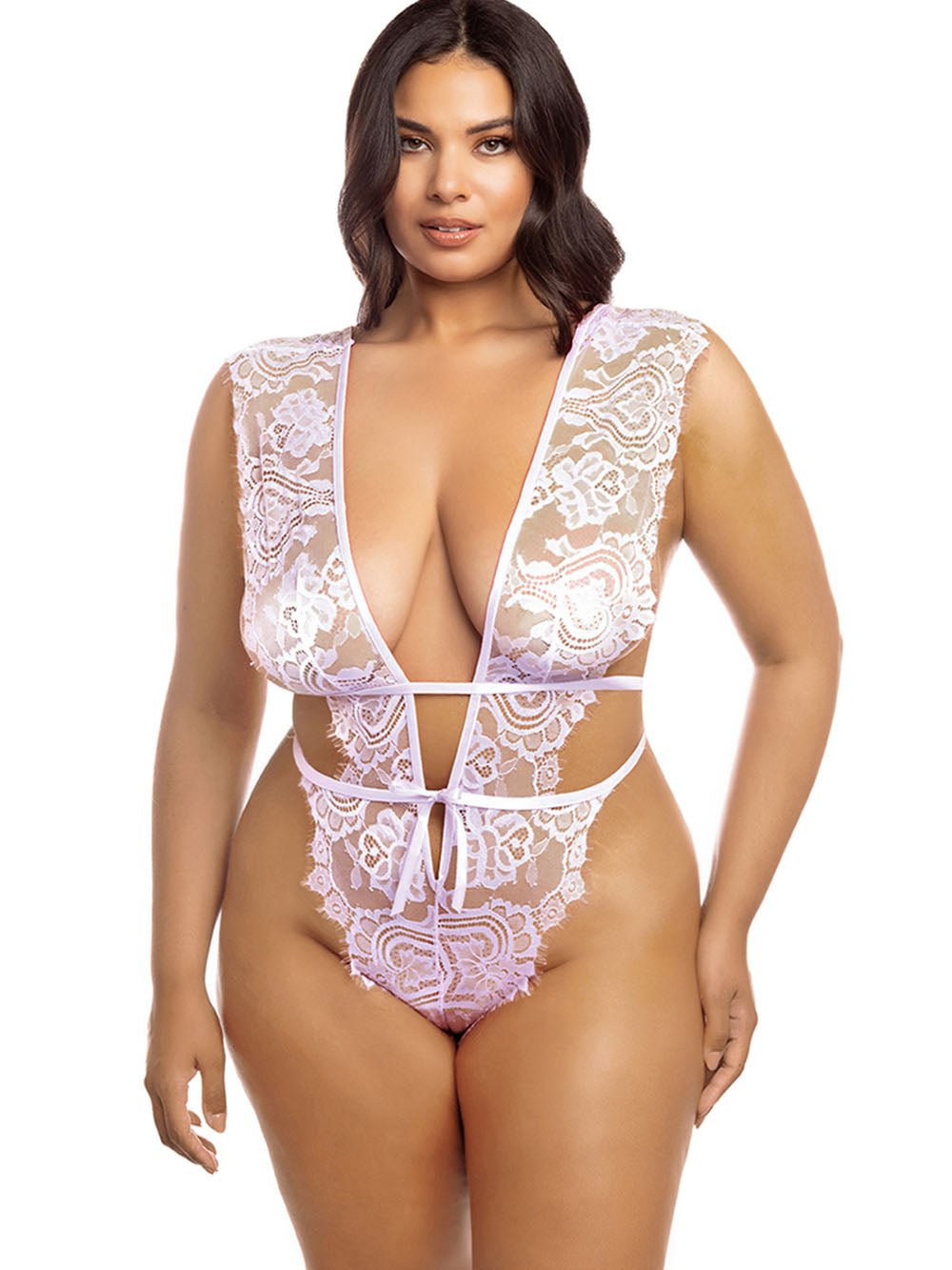 Oh La La Cheri Plus Size Teddy Pink Tulle / 1X/2X Curvy Imani Eyelash Lace Teddy