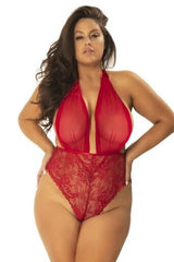 Oh La La Cheri Plus Size Teddy Red / QU Curvy Aria Sheer Plunge Halter Teddy