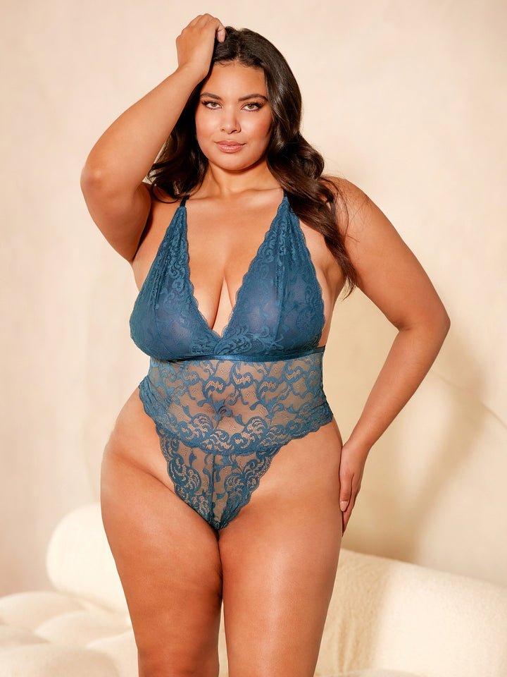 Oh La La Cheri Plus Size Teddy Reflecting Pond / 1X/2X Curvy Jeana Lace Teddy