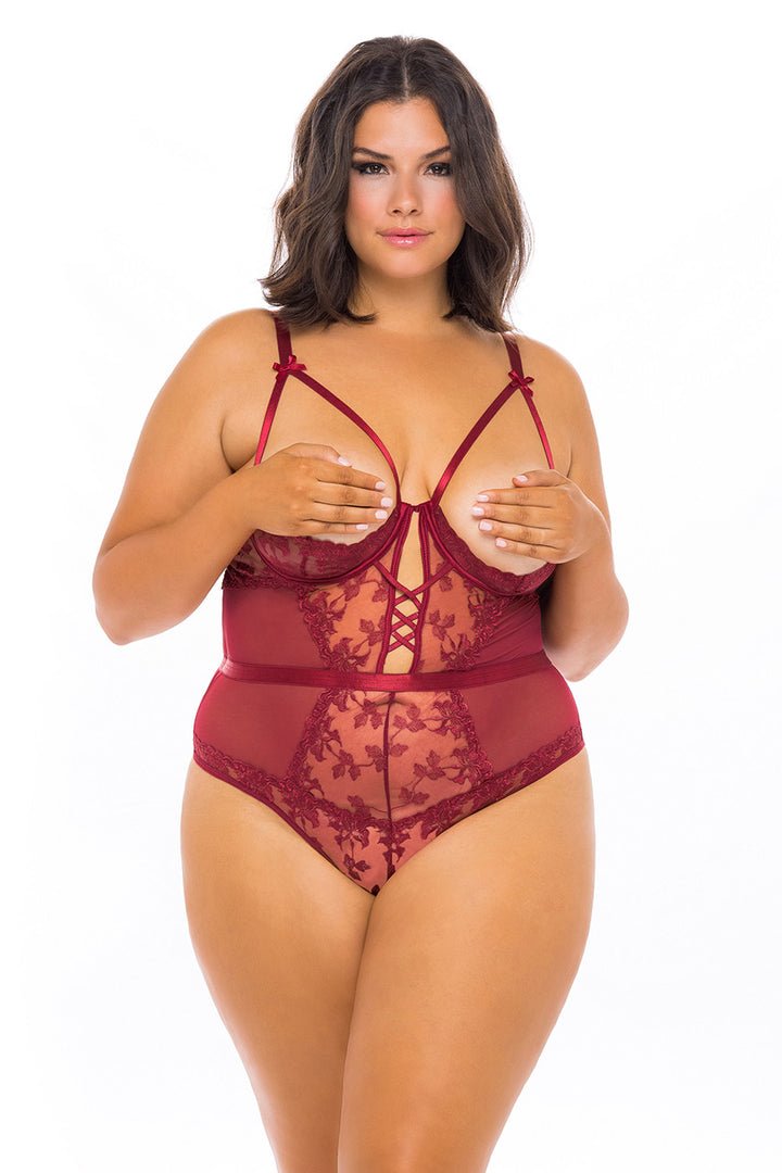 Oh La La Cheri Plus Size Teddy Rhubarb / 1X Curvy Kira Embroidered Open Cup Teddy