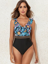 Trendsi Crisscross Ruffled Printed V-Neck One-Piece Swimwear