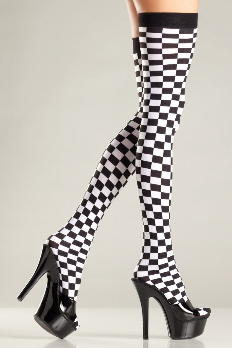Be Wicked Hosiery Black/White / One Size BW674 Checkerboard Thigh Highs