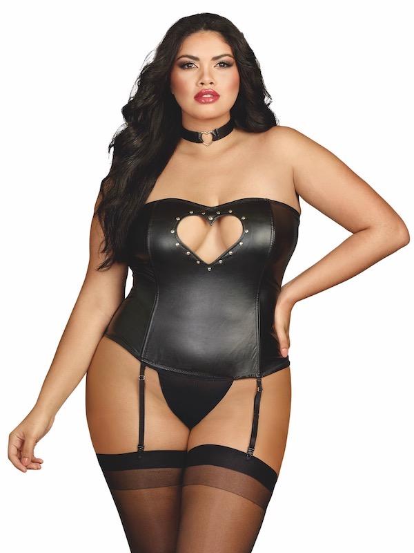 DreamGirl 40 / Black Plus Size Faux-leather corset G-string
