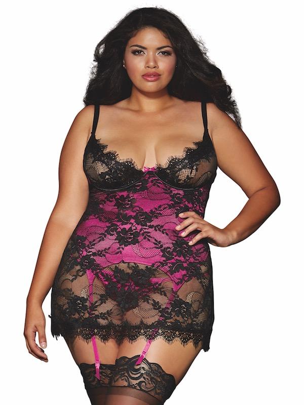 DreamGirl Sexy Lace Chemise 1X / Black/Magenta Plus Size Stretch Lace Chemise With Underwire Bra