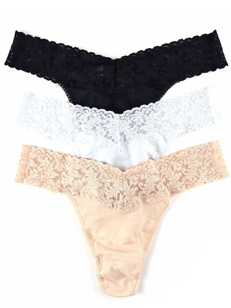 Hanky Panky Thong Black/White/Chai / One Size 3 Pack SUPIMA® Cotton Original Rise Thongs with Lace