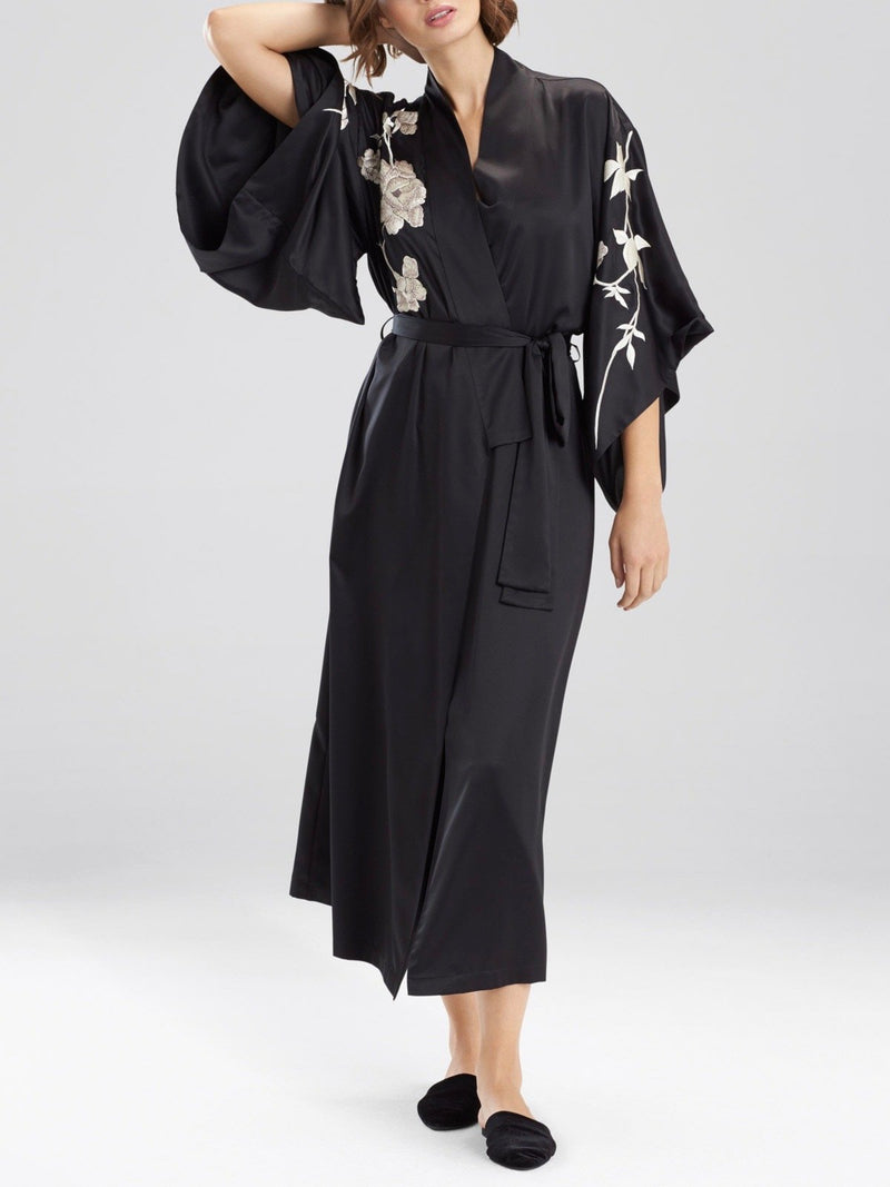 Natori Robes S / Black Opulent Embroidered Feathers Satin Rope