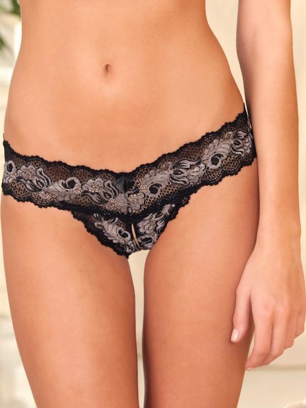 Rene Rofe Crotchless Panties S/M / Black Lace V-Crotchless Thong Panties