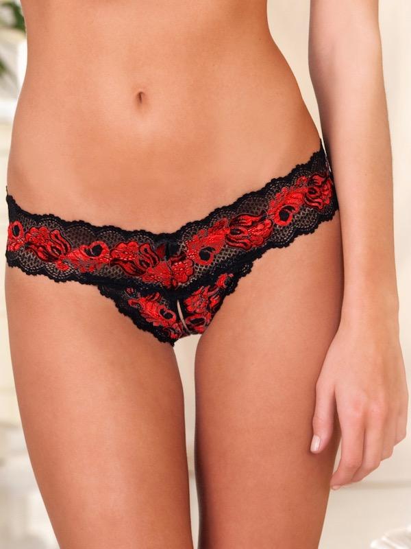 Rene Rofe Crotchless Panties S/M / Red-Black Lace V-Crotchless Thong Panties
