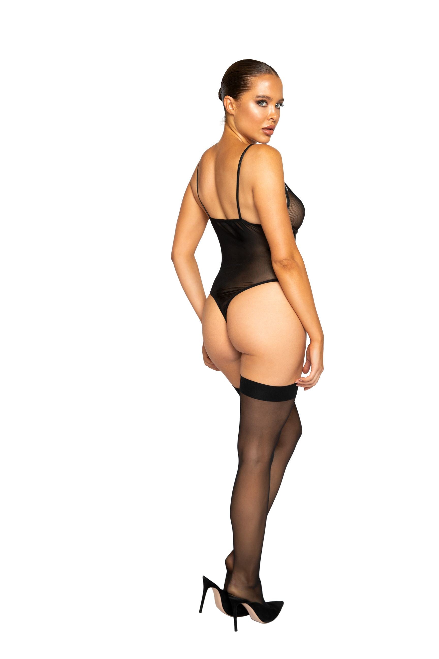Roma lingerie Small / Black LI324 - Netted Matte Bodysuit with Garter Set