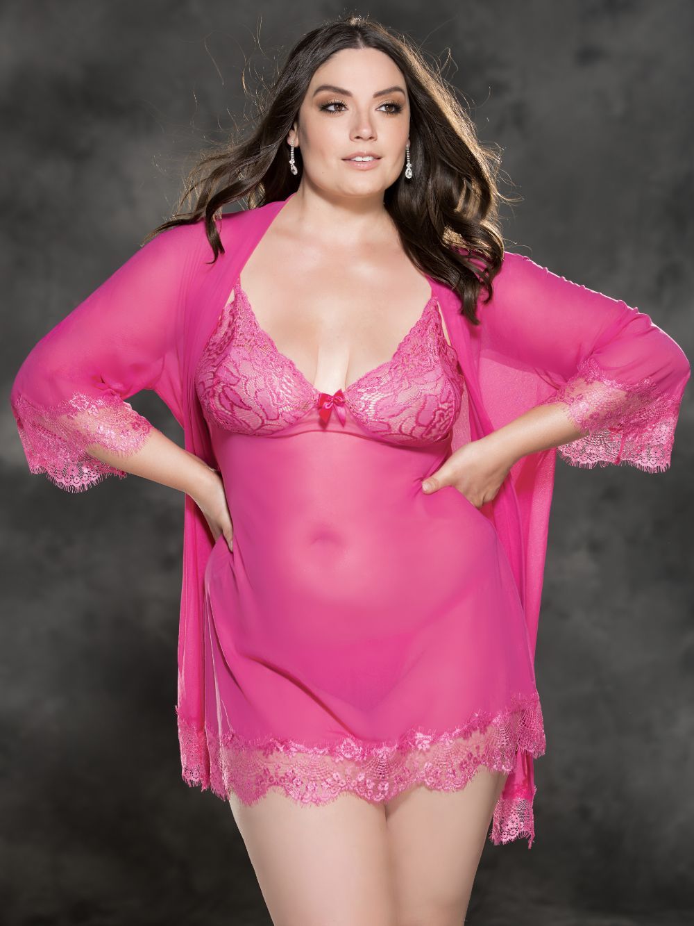 Shirley of Hollywood Plus Size Robes 1X / Pink Stretch Mesh Plus Size 3 Piece Peignoir Set